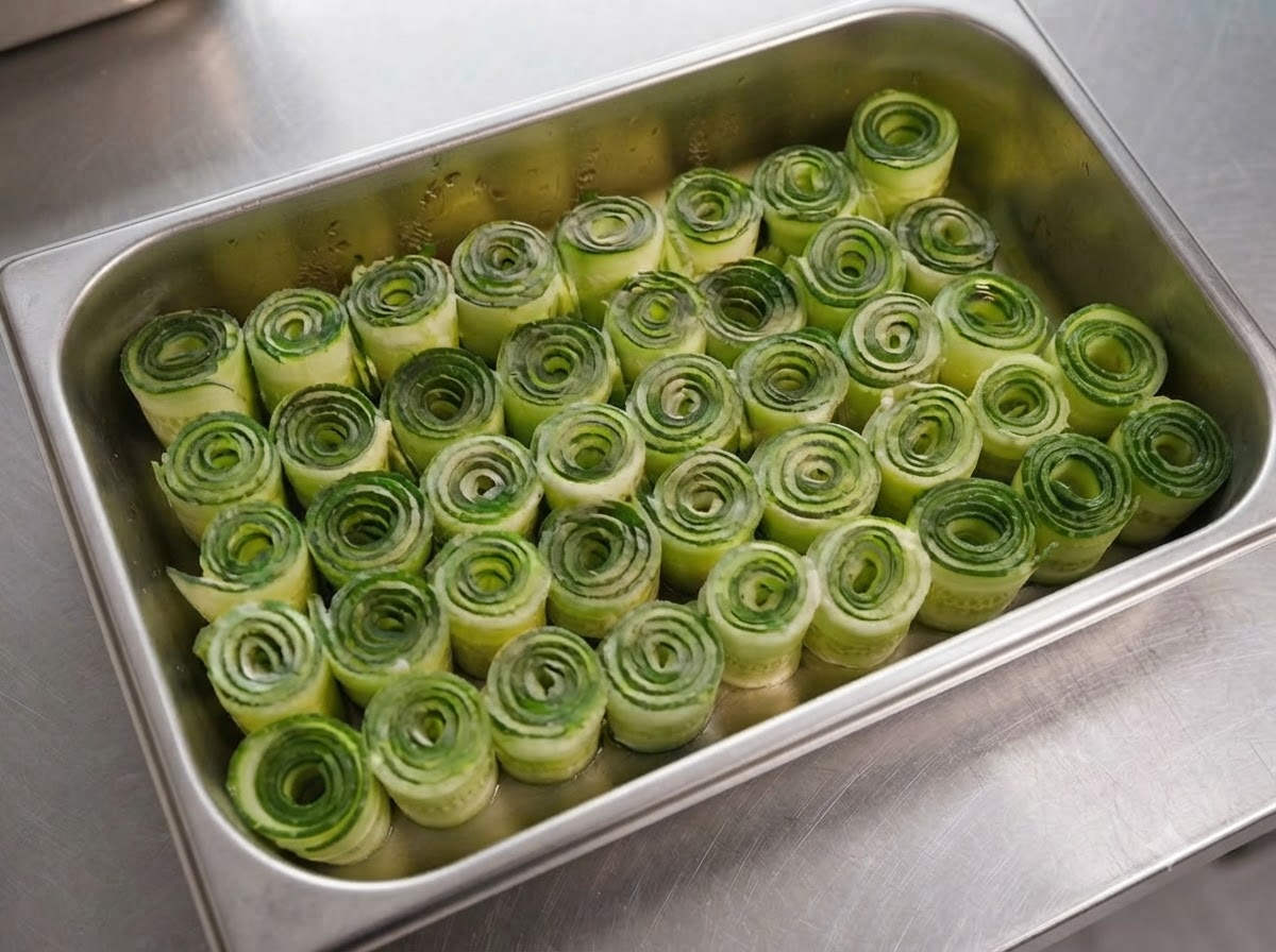 Eine Ansicht von oben auf zahlreiche gerollte Gurkenstreifen, ordentlich verpackt in einer Edelstahl-Hotelwanne.