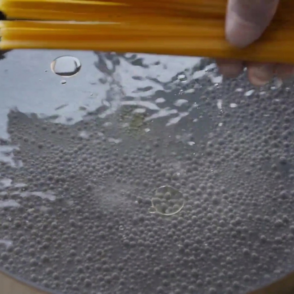 Trockene Spaghettipasta wird in einen großen Topf mit kochend heißem Wasser gegeben.