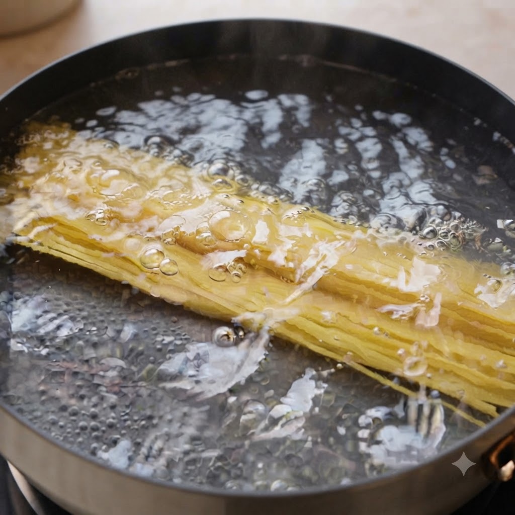 Trockene Spaghetti-Nudeln tauchen in einen Topf mit heißem, kochendem Wasser ein und kochen darin.