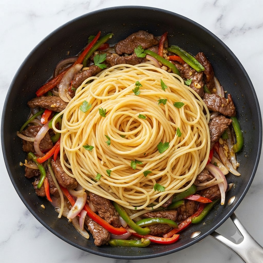 Eine Ansicht von oben auf gekochte Spaghetti-Nudeln, die sich zwischen Rindfleisch und geschnittener Paprika in einer großen Bratpfanne befinden.