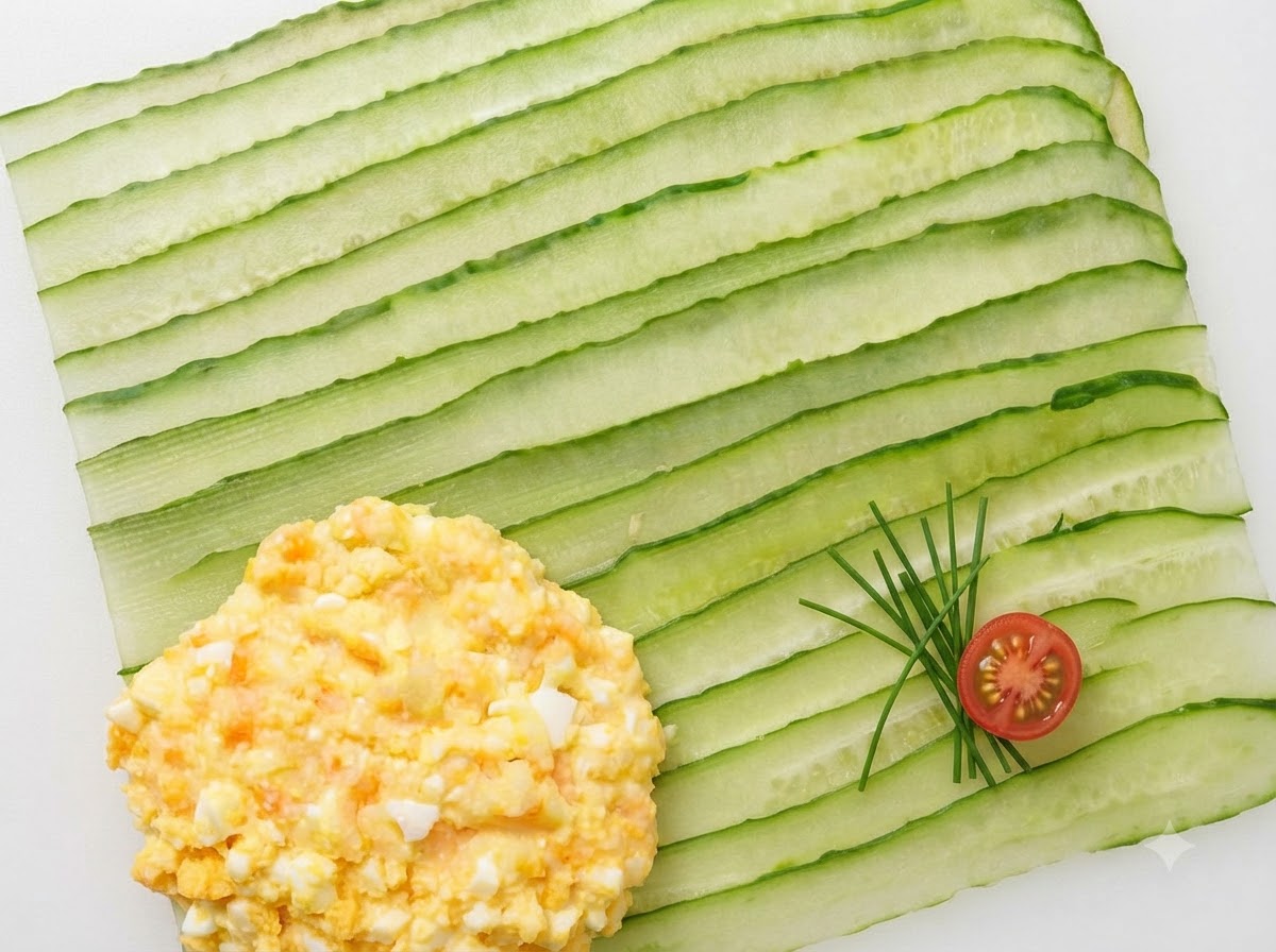 Kartoffel- und Eiersalatpüree wird auf eine flache Schicht grüner Gurkenstreifen gestrichen.