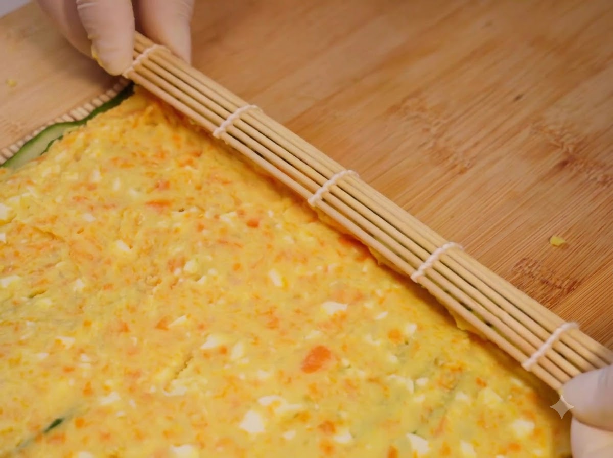 Eine Bambus-Sushimatte wird verwendet, um die geschichtete Gurken-Kartoffelsalat-Mischung fest aufzurollen.