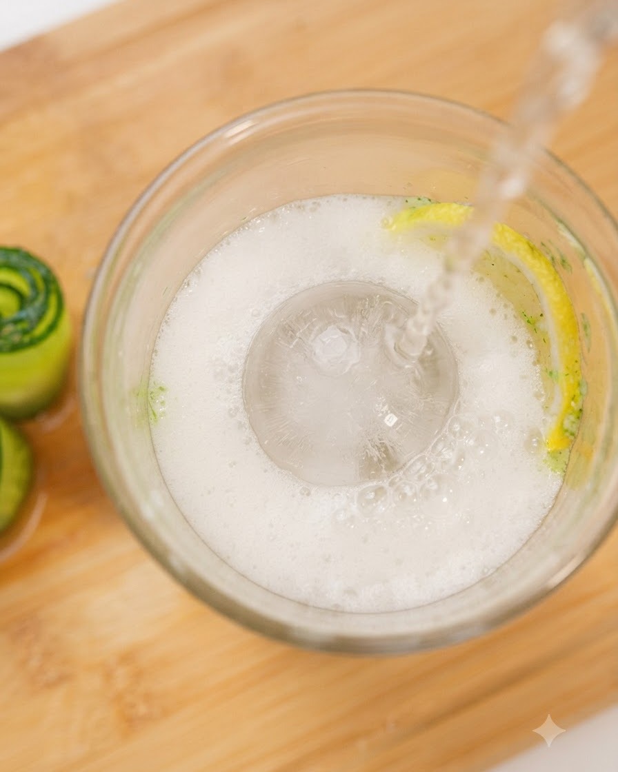Sprite wird über eine Eiskugel, eine Zitronenscheibe und Gurkenpüree in ein Glas gegossen.