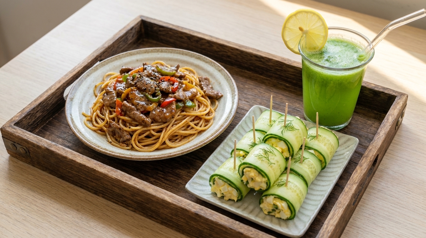 Schwarzer-Pfeffer-Rindersteak-Pasta mit Gurkensalat-Rollen und Gurken-Getränk