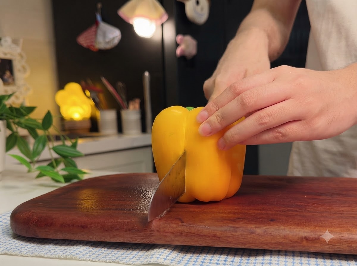 Eine gelbe Paprika wird auf einem Holzschneidebrett in gleichmäßige Streifen geschnitten.