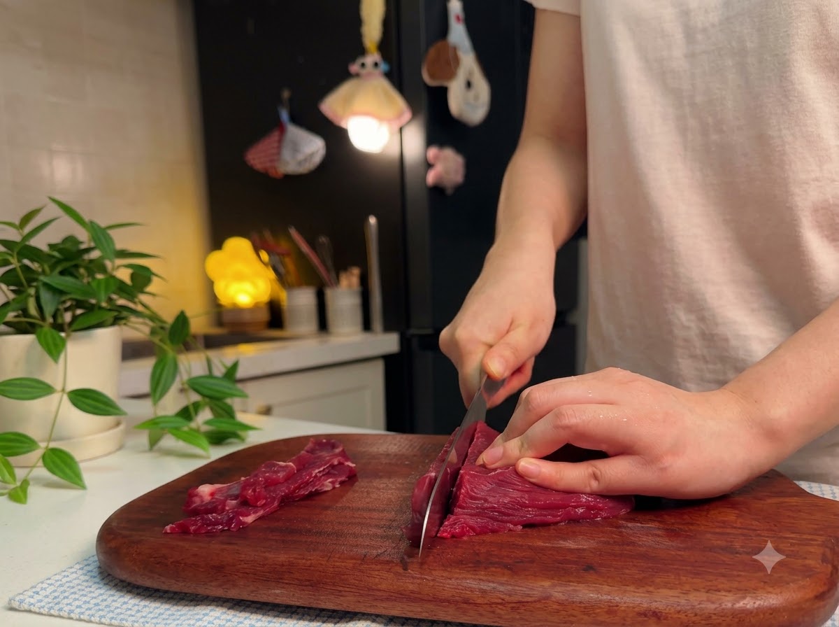 Rinderfilet wird auf einem Holzschneidebrett in dünne Streifen geschnitten.