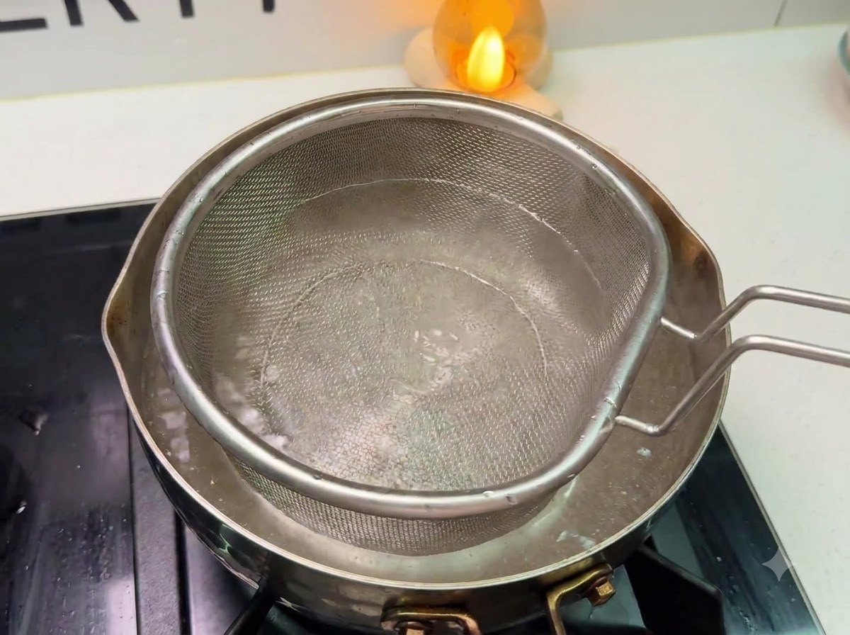 Ein Sieb in einem Topf mit kochendem Wasser bereit zum Kochen von Pasta.