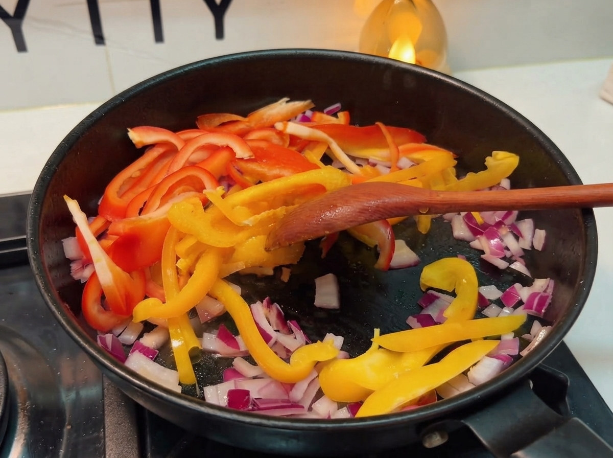 Rote Zwiebeln und bunte Paprika werden in einer schwarzen Pfanne mit einem Holzlöffel angebraten.
