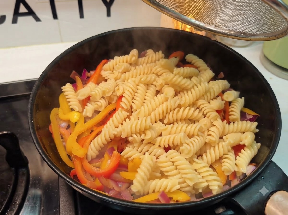 Spiral-Fusilli-Pasta wird über der Gemüsemischung in die Pfanne gegeben.