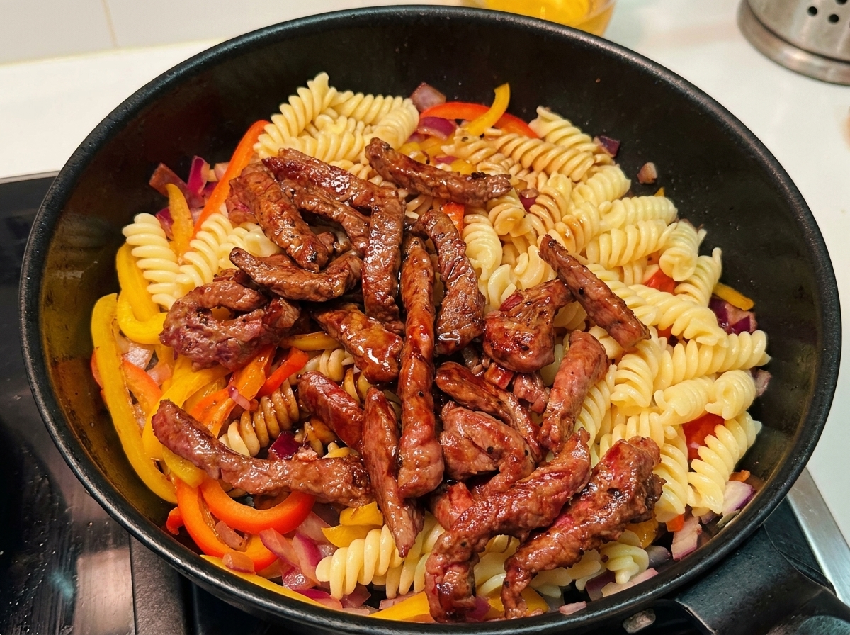 Kräftige braune Soße wird in eine Pfanne mit Nudeln, Rindfleisch und Paprika gegossen.