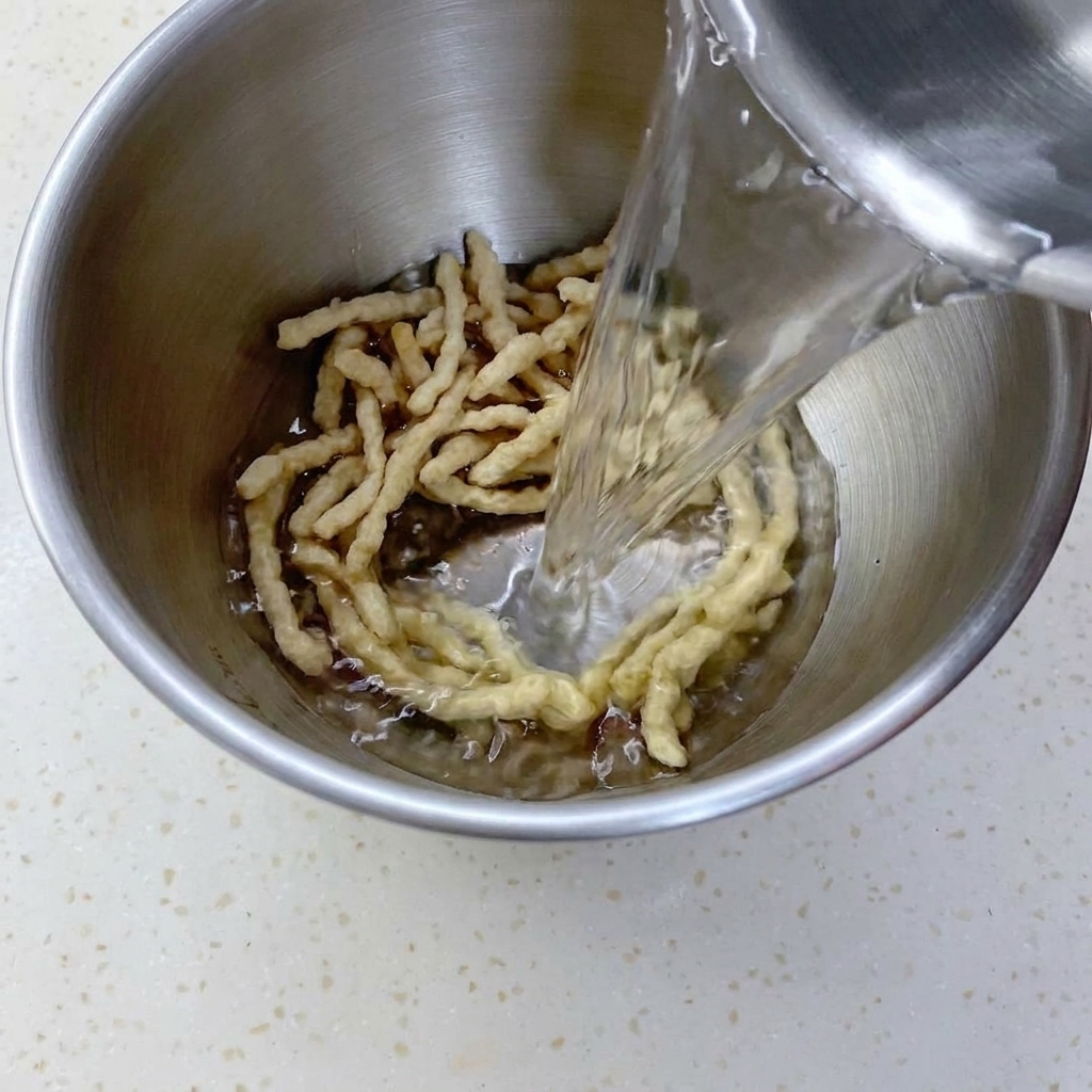 Wasser wird aus einer Metallkanne in eine Edelstahlschüssel mit trockenen pflanzlichen Protein-Streifen gegossen.