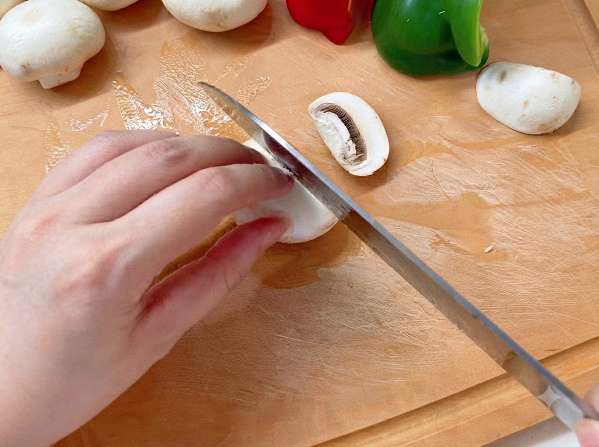 Eine Hand hält ein Messer, um einen weißen Champignon auf einem Holzschneidebrett neben Paprika zu schneiden.