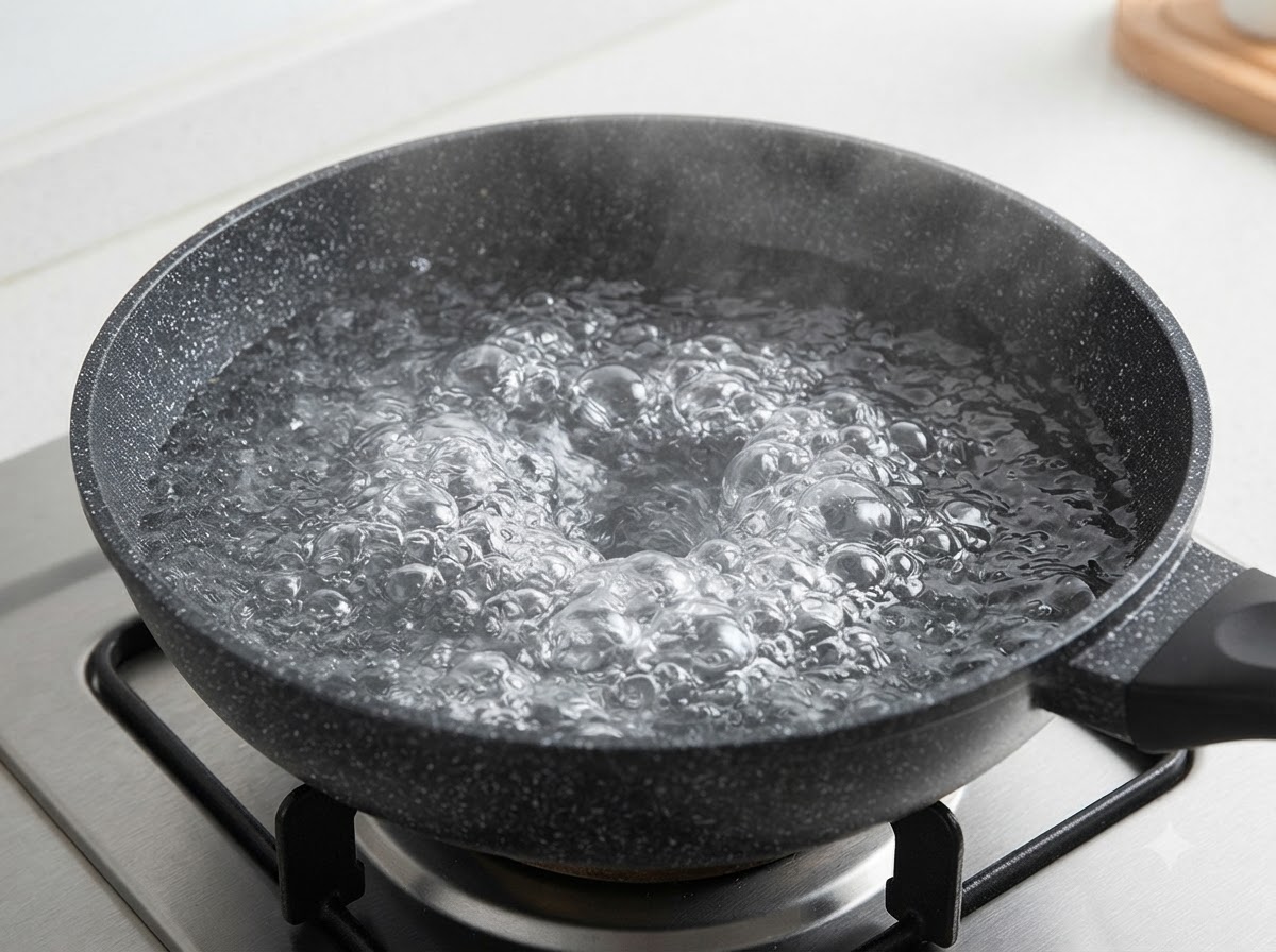 Ein Topf mit stark kochendem Wasser und kräftigen Blasen auf einem Küchenherd.