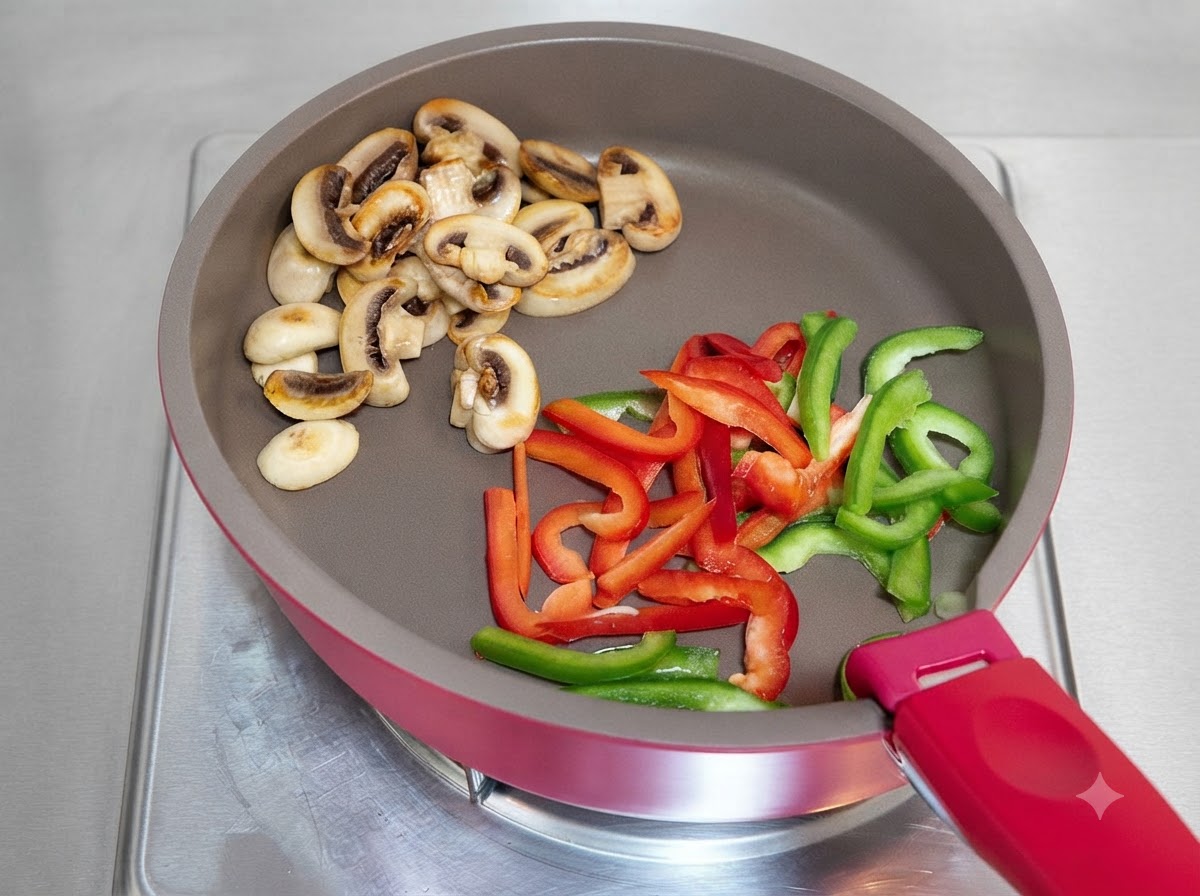Geschnittene rote und grüne Paprikastreifen garen zusammen mit Champignons in einer Pfanne.