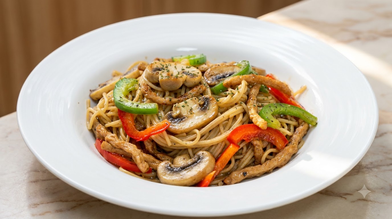 Schwarzer-Pfeffer-Spaghetti mit pflanzlichen Protein-Streifen