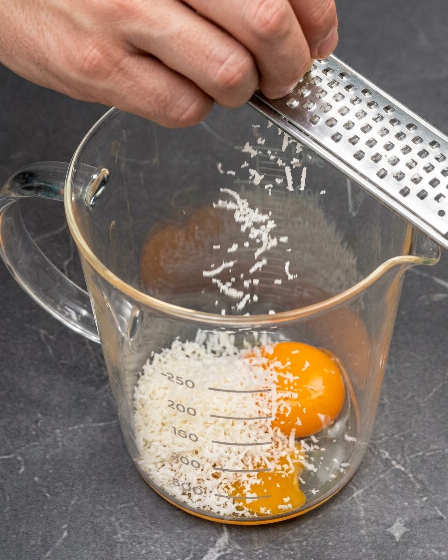 Eine Hand, die mit einer Metallreibe Parmigiano-Reggiano direkt auf ein Eigelb in einem Glasmessbecher reibt.