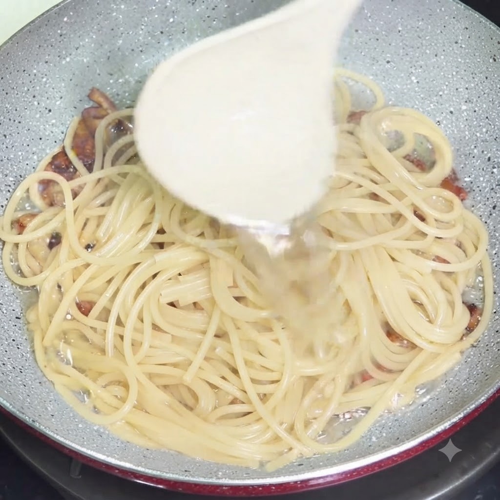 Eine weiße Schöpfkelle gießt stärkehaltiges Nudelwasser in eine Pfanne mit gekochten Spaghetti und knusprigen Guanciale-Stücken.