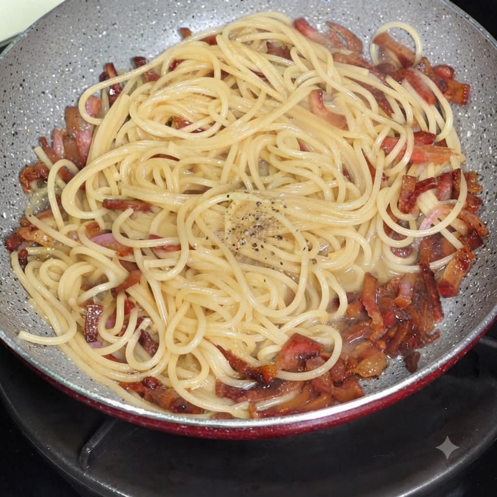 Schwarzer Pfeffer und gelbe Eigelb-Käse-Soße auf Spaghetti in einer Pfanne.