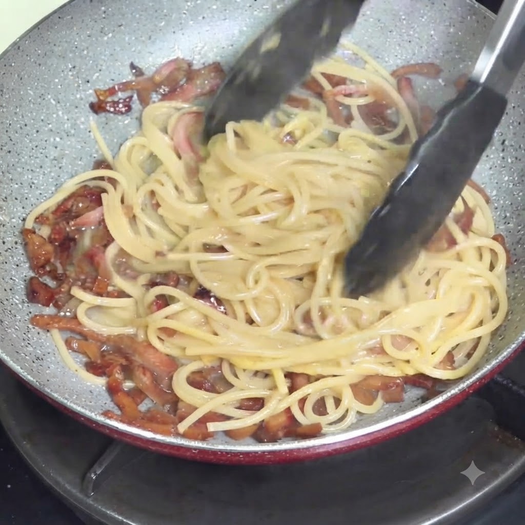 Eine Zange vermischt Spaghetti und Soße in einer Pfanne abseits des Brenners, um eine cremige Textur zu erzeugen.