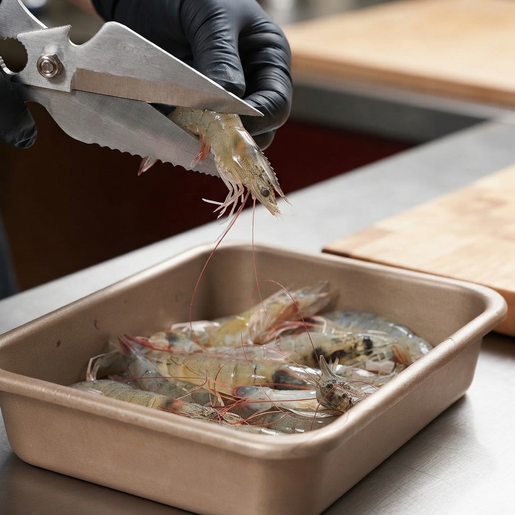 Küchenschere schneidet den Kopf einer rohen Garnele über einem bronzenen Tablett mit Garnelen ab.