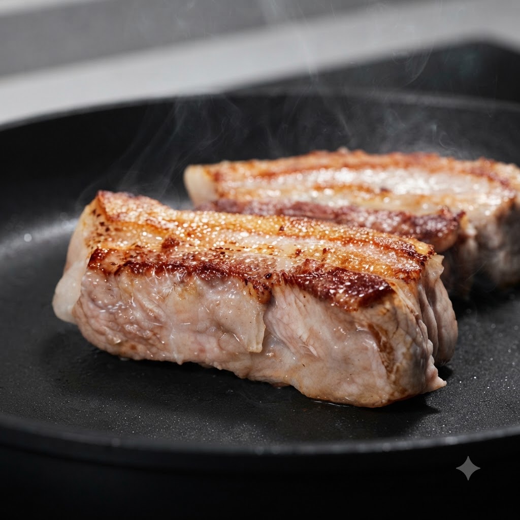 Dicke Schweinebauchstücke braten in einer Pfanne und zeigen eine tiefbraune, knusprige goldene Kruste mit aufsteigendem Dampf.
