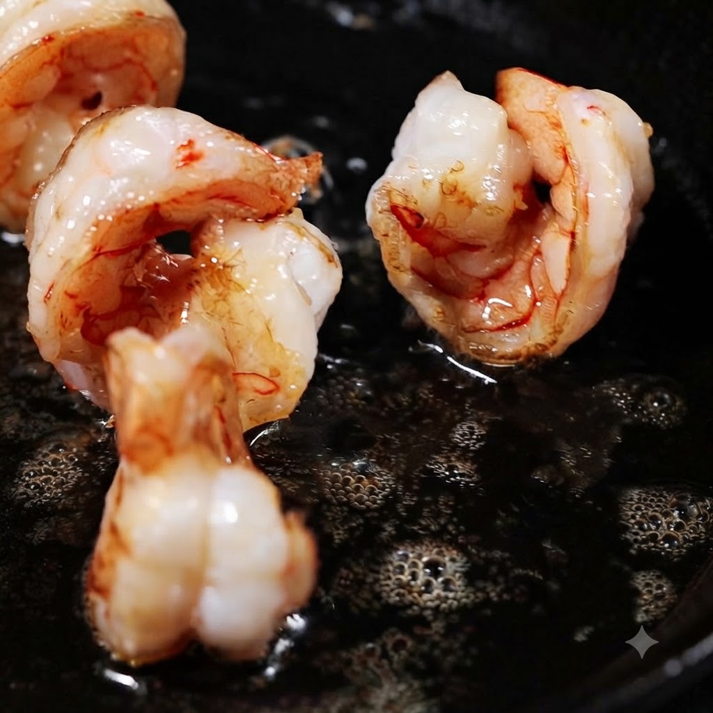 Geschälte Garnelen rollen sich zusammen und braten in heißem ausgelassenen Schweinefett in einer Pfanne, wobei sie rosa und goldfarben werden.