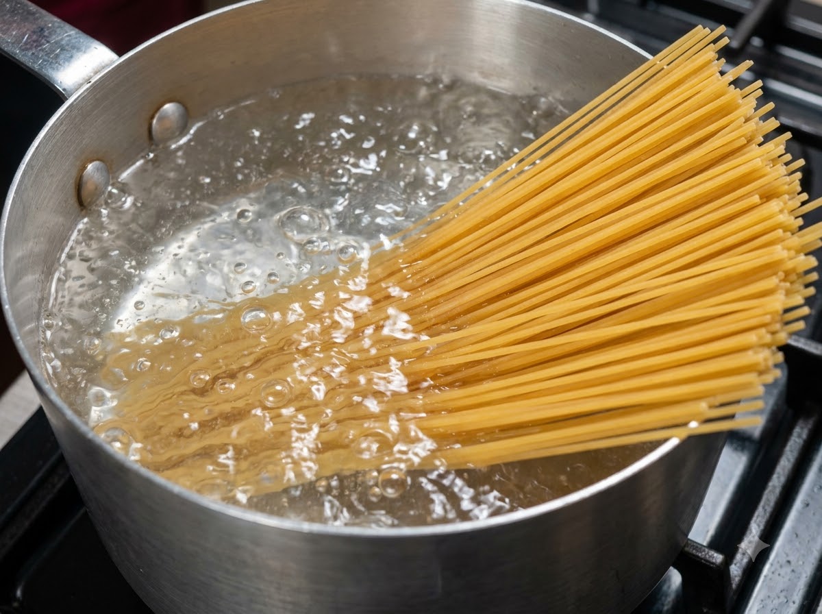 Ein Bund trockene Spaghettinudeln fächert sich auf und taucht in einen Topf mit sprudelnd kochendem Wasser ein.