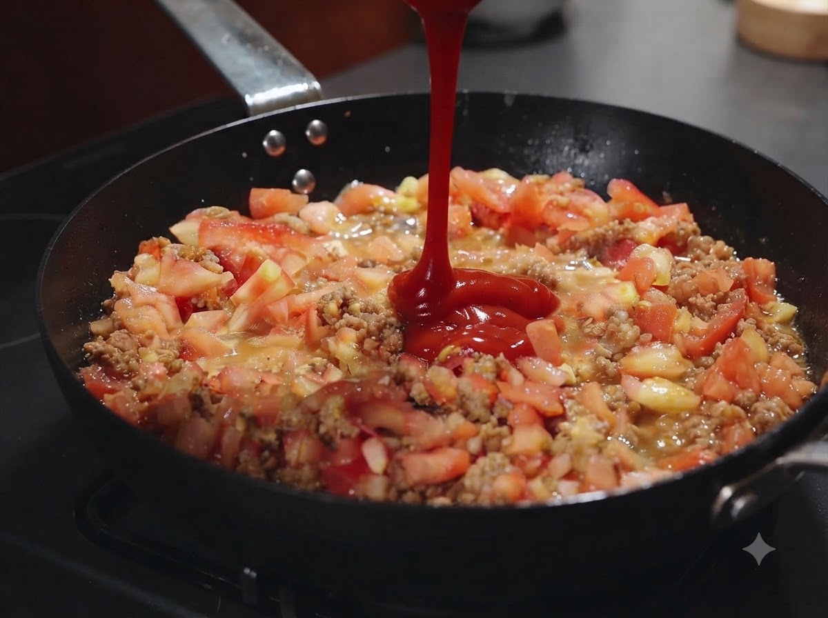 Frische gewürfelte Tomaten vermischt mit gebratenem Fleisch in einer Pfanne, wobei roter Ketchup oben auf gegossen wird.