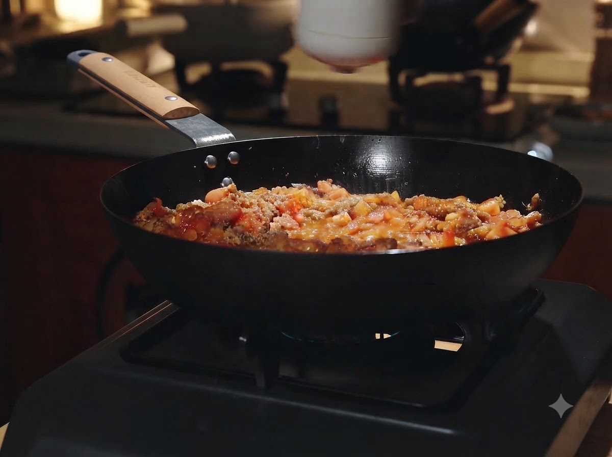 Gewürze werden aus einem Streuer auf die blubbernde Tomaten-Fleisch-Sauce in einem Wok gestreut.