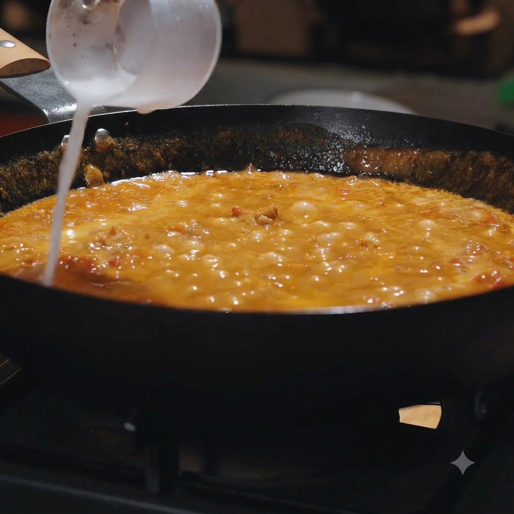 Eine weiße Maisstärkemischung wird in die Pfanne mit blubbernder Sauce gegossen.