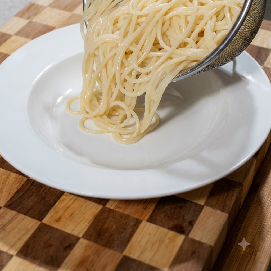 Abgeseihte Spaghetti werden aus einem Sieb auf einen großen weißen Teller gegossen.