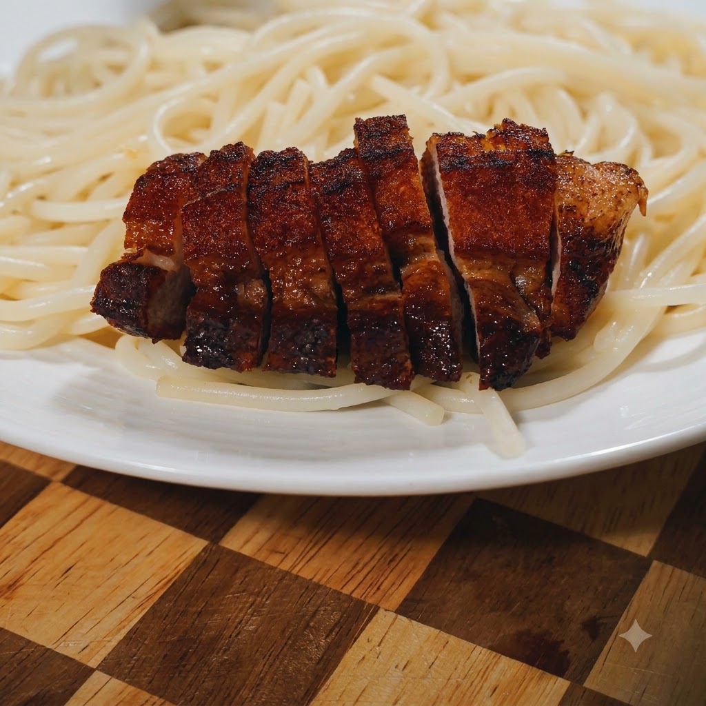 Scheiben von knusprig gebratenem Schweinebauch sind ordentlich oben auf einem Bett aus Spaghetti platziert.