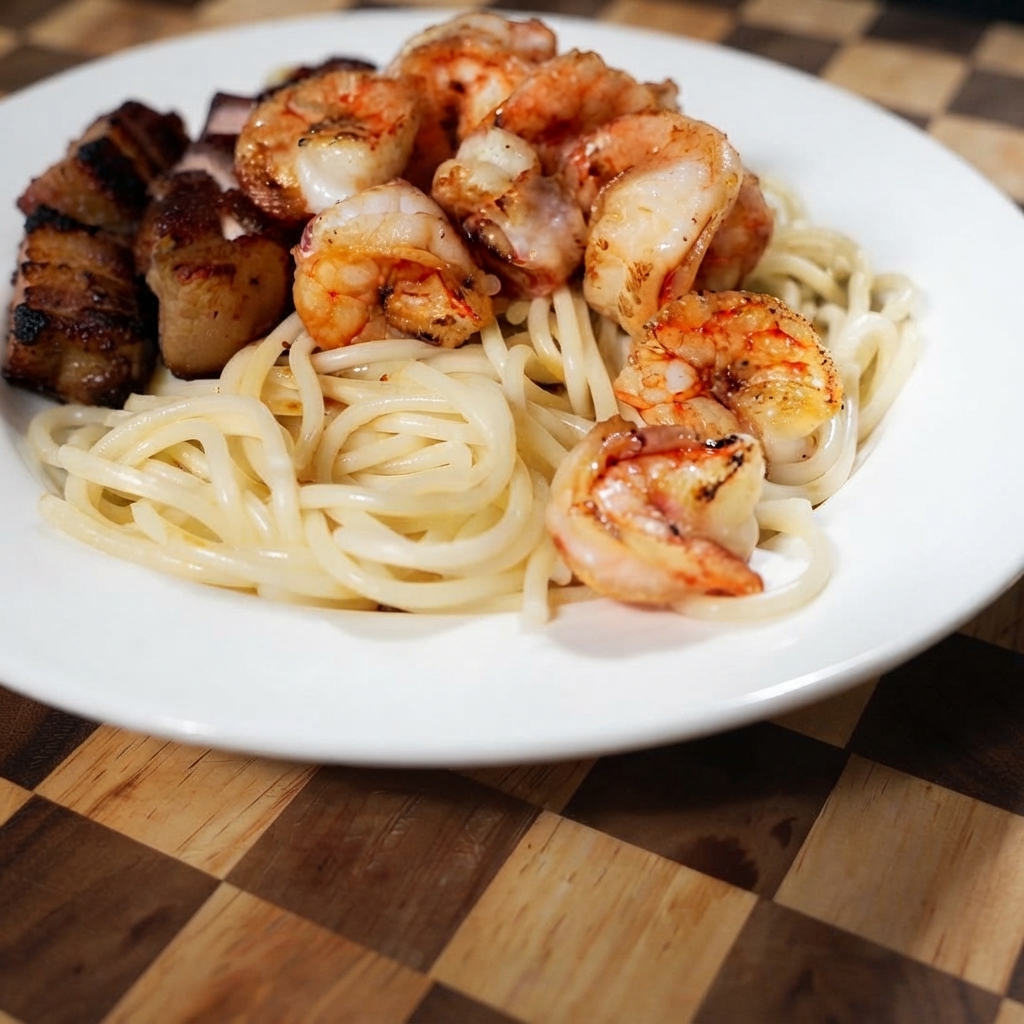 In der Pfanne gebratene Garnelen sind um den Schweinebauch und die Pasta auf einem weißen Teller angeordnet.