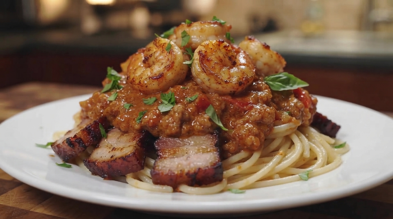 Cremige Tomaten-Fleischsauce-Pasta mit Schweinebauch und Garnelen