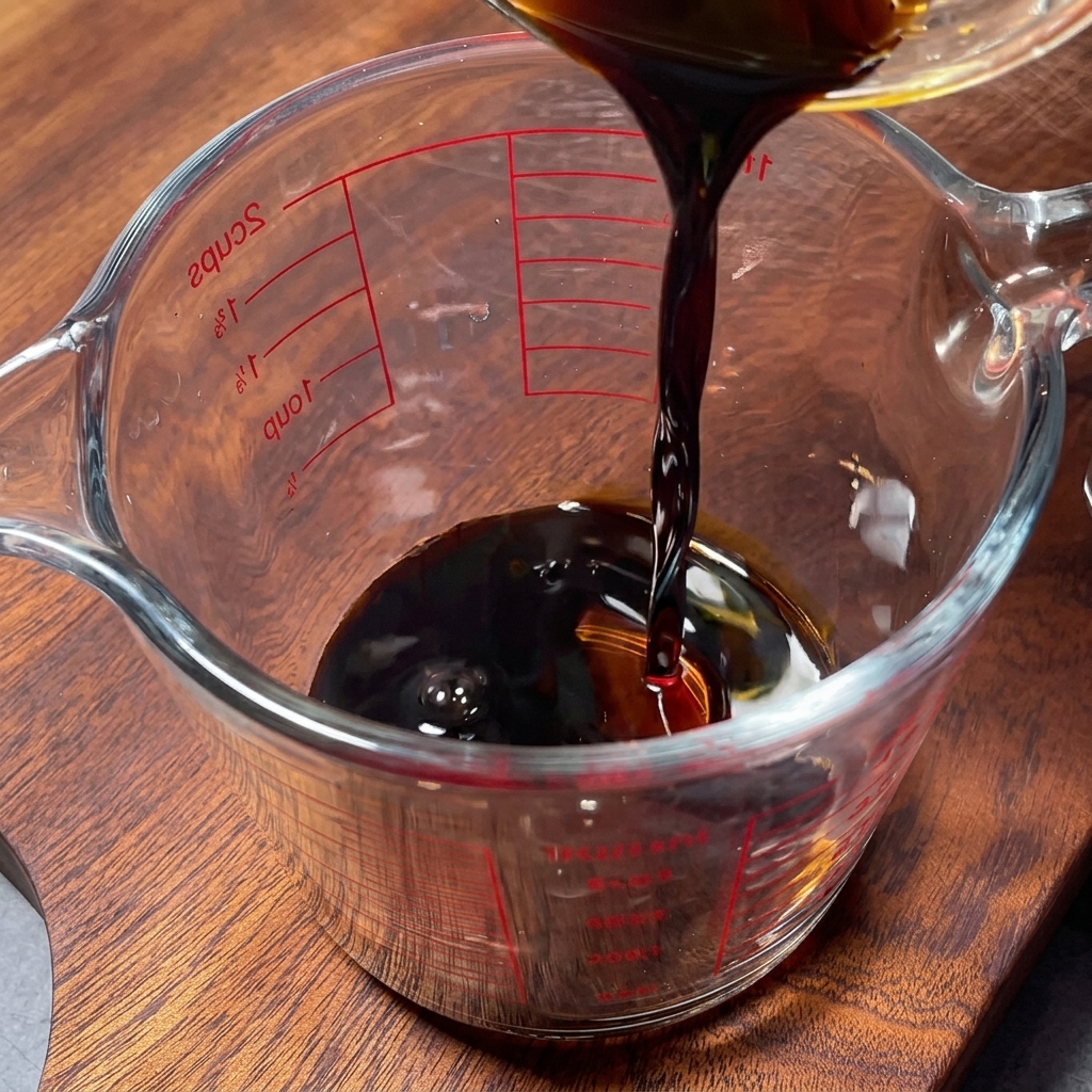 Dunkle Sojasauce wird in einen Glasmessbecher gegossen, der bereits Wasser und dunkle Gewürze enthält.