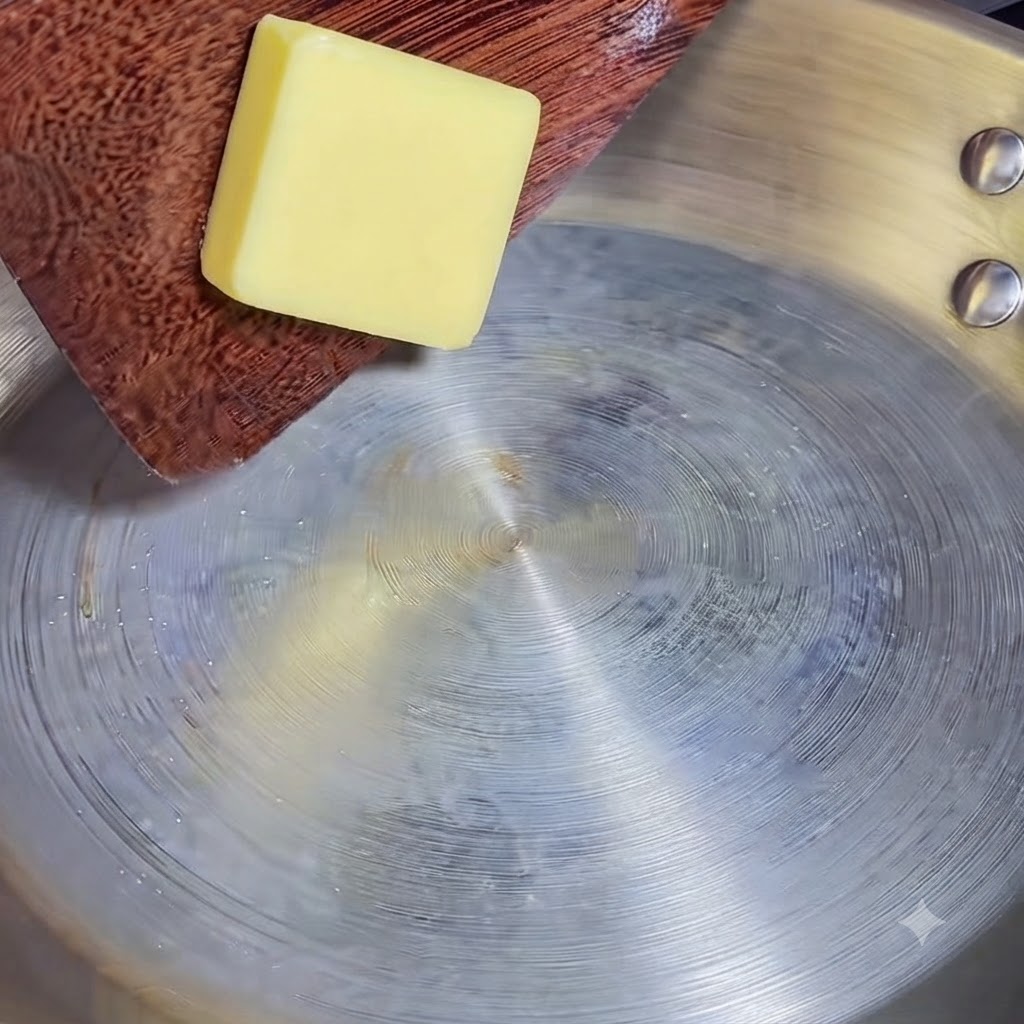 Ein quadratisches Stück Butter liegt auf einem Holzspatel und schmilzt in einer heißen Metallpfanne.