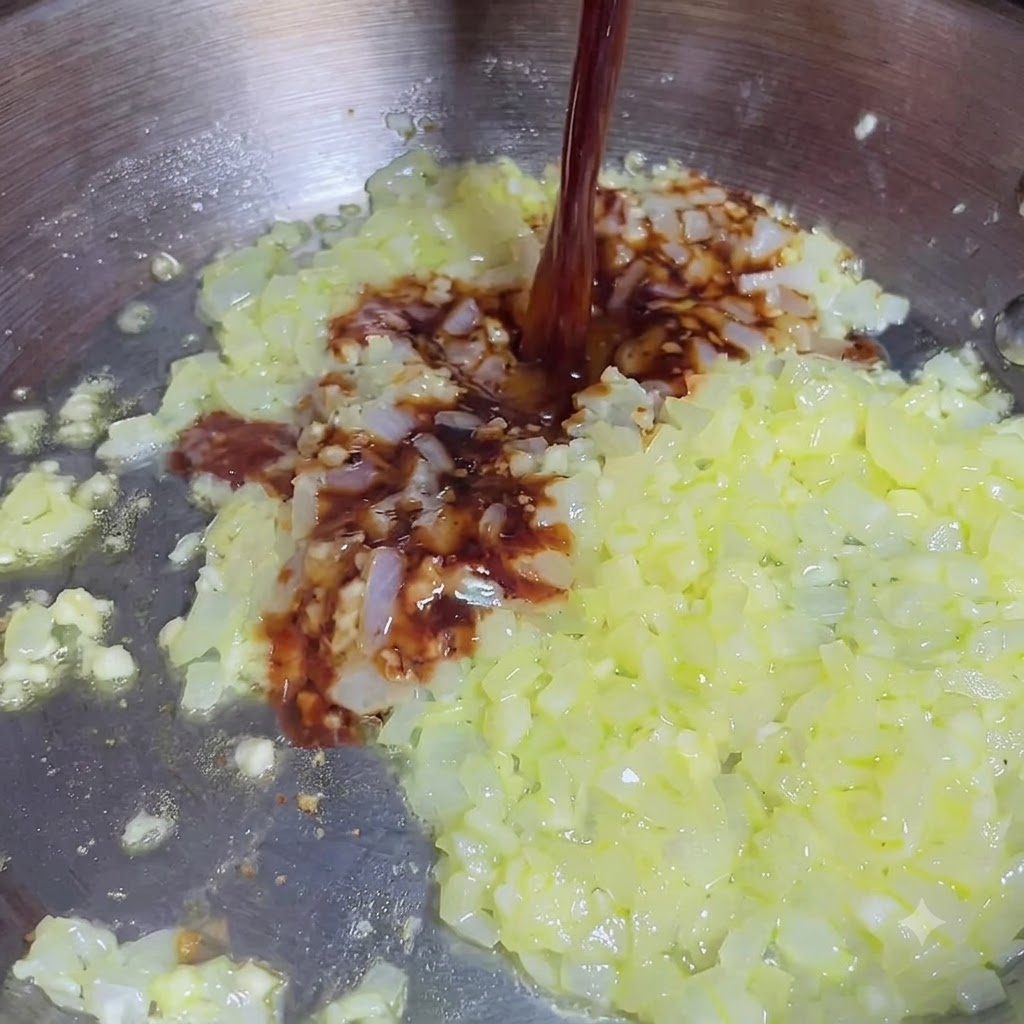 Dunkle flüssige Würze wird über angeschwitzte Zwiebelwürfel und gehackten Knoblauch in einer Bratpfanne gegossen.