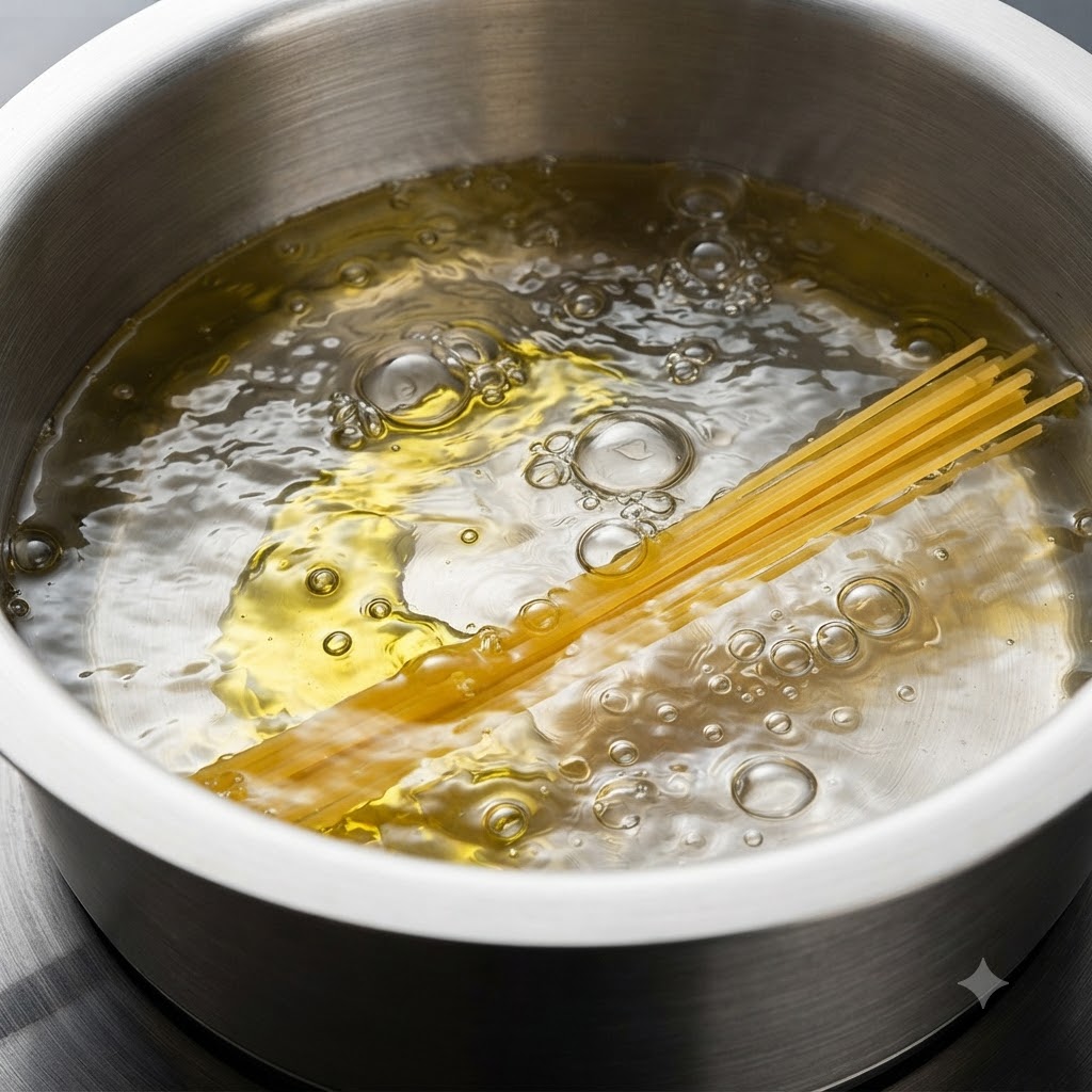 Spaghetti-Nudeln kochen in einem Topf mit kochendem Wasser.