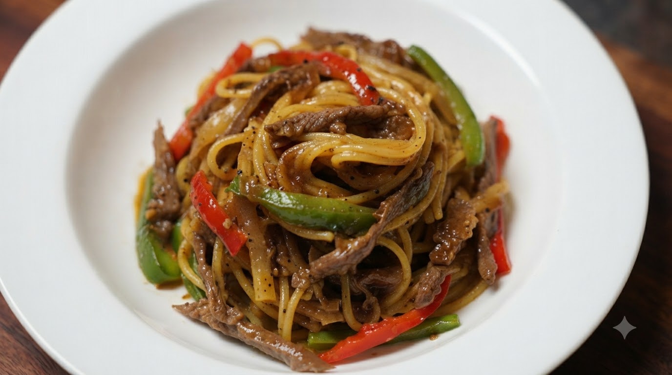 Ein Teller Spaghetti mit Rindfleisch und schwarzem Pfeffer, garniert mit roten und grünen Paprikastreifen.