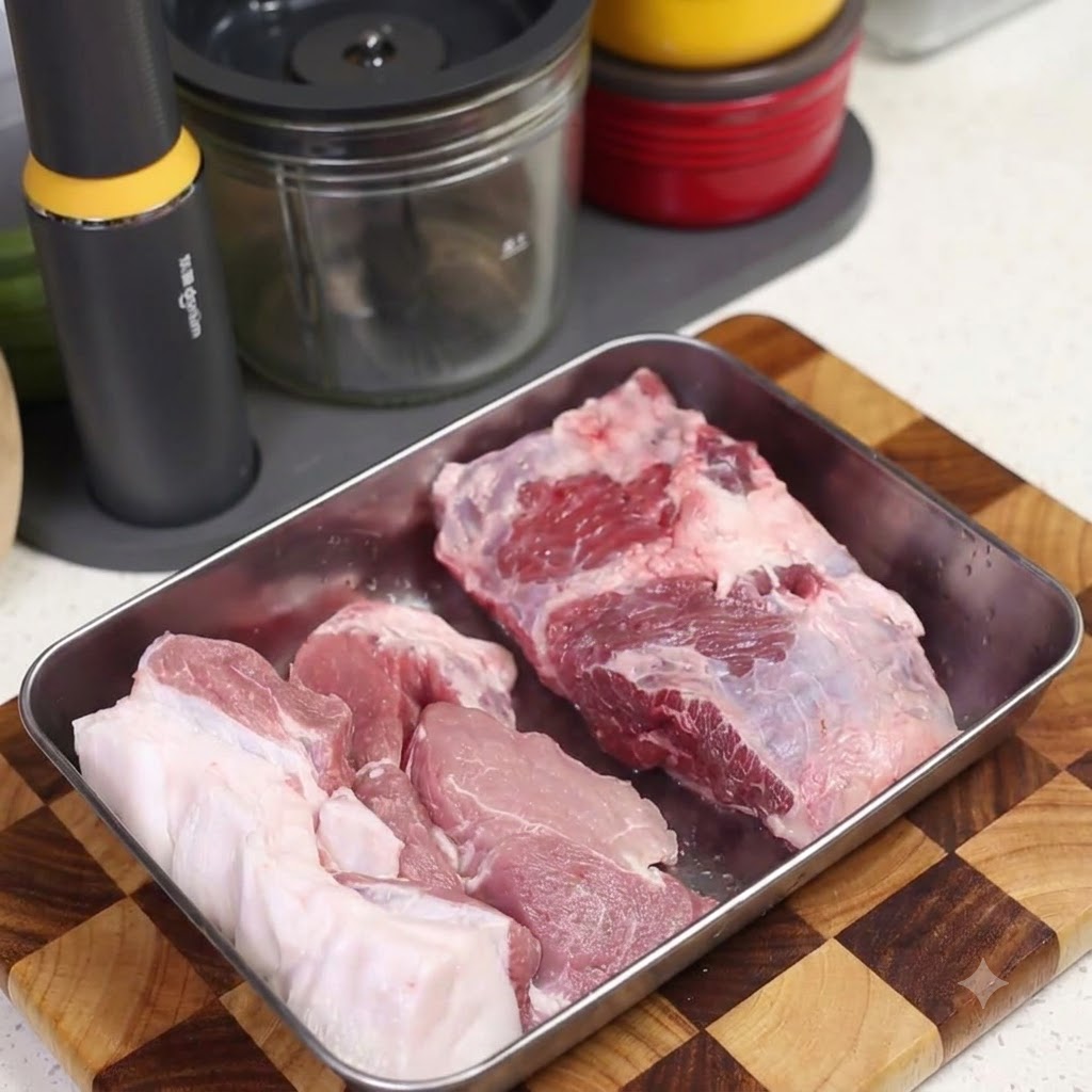 Rohe Schweinefleischstücke auf einem Holzschneidebrett neben einem Küchenwerkzeug.