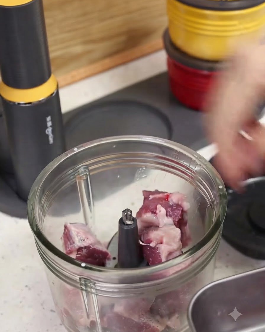 Rohe Fleischstücke in einer Glasschüssel einer Küchenmaschine zur Zerkleinerung.