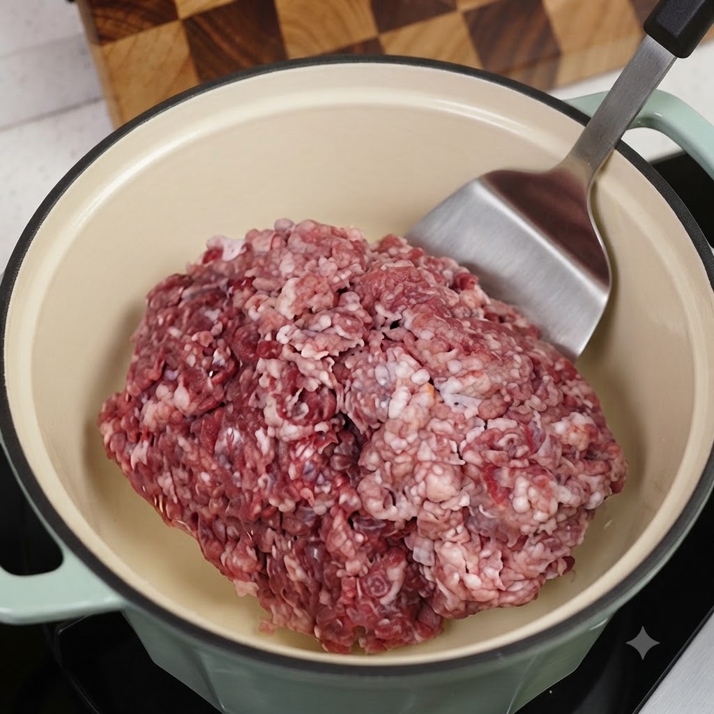 Hackfleisch wird in einem hellgrünen Schmortopf mit einem Metallspatel angebraten.