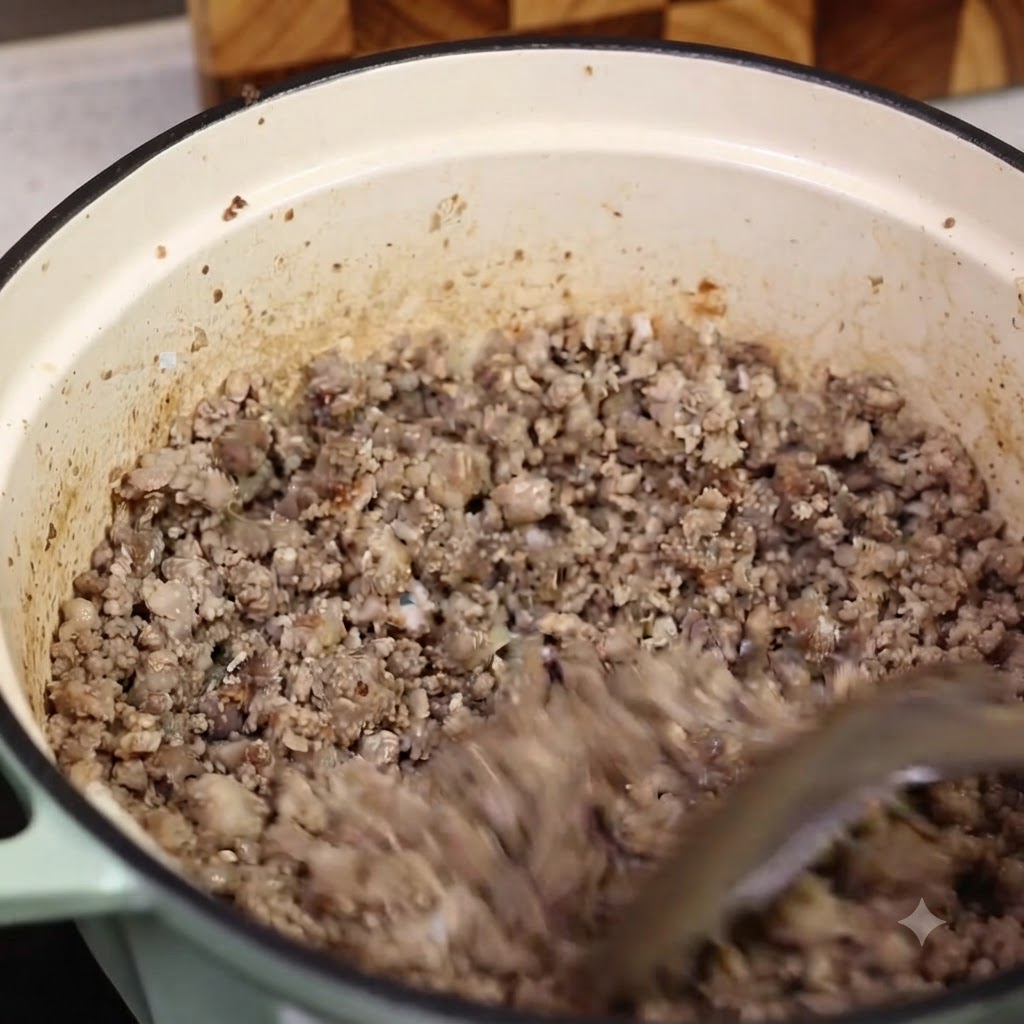 Gegartes Hackfleisch wird mit einem Spatel aus einem Topf geschöpft, wobei Bratfett und Röstaromen zurückbleiben.