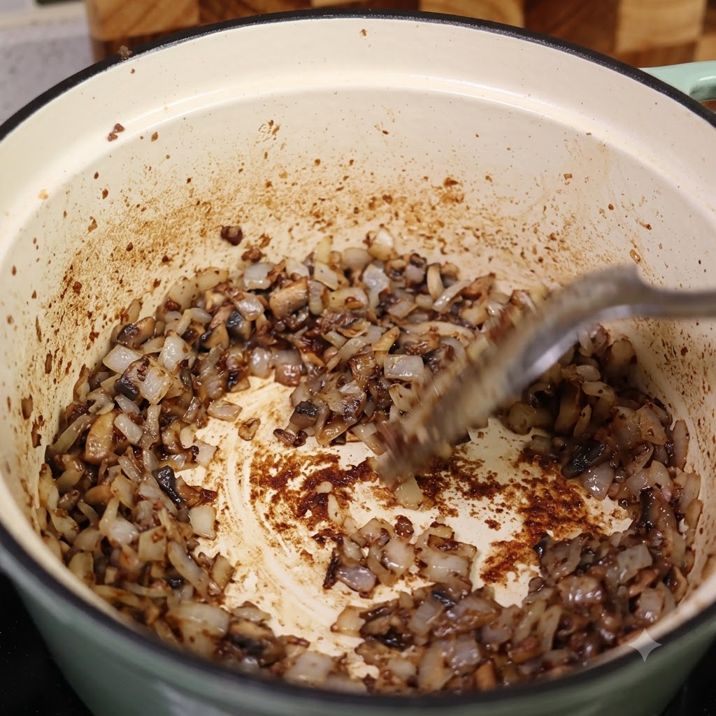 Gehackte Zwiebeln und Gemüse braten im Boden eines Topfes mit Bratensatz an.