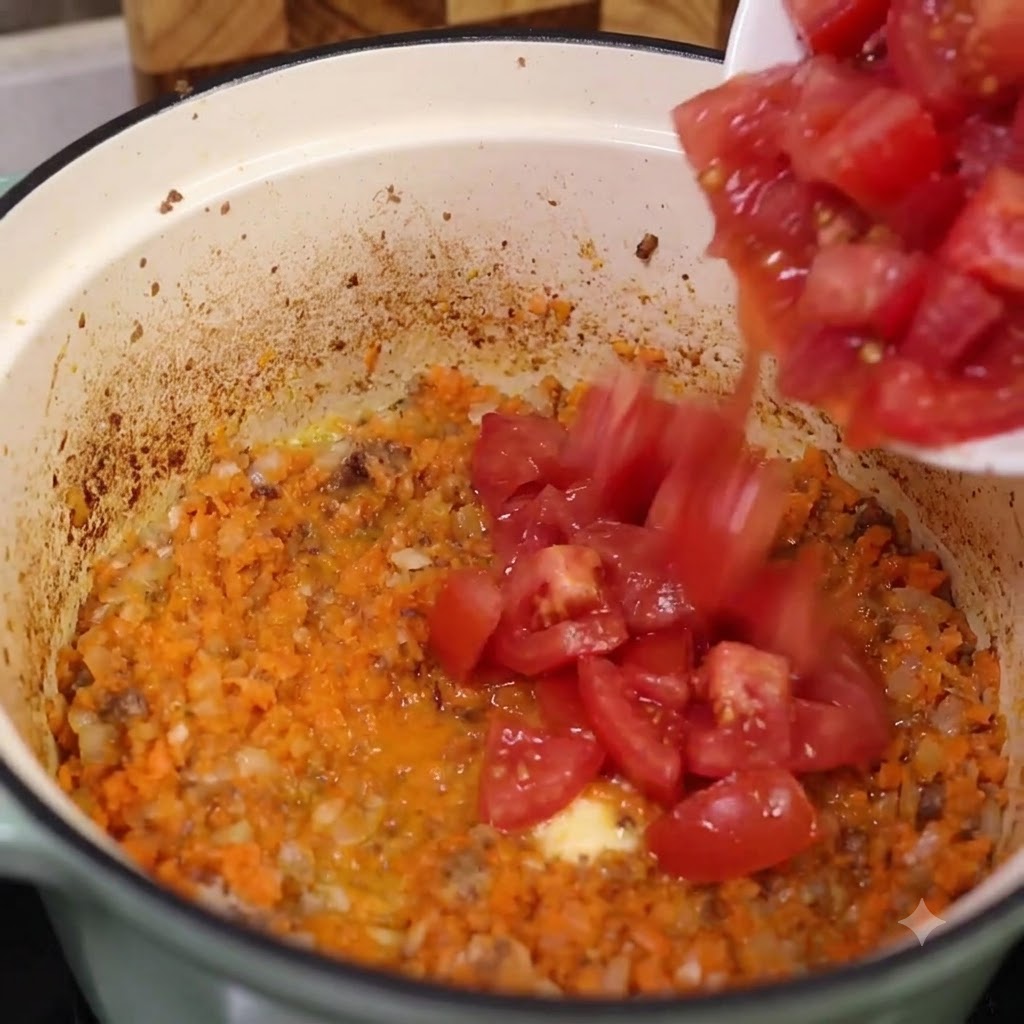 Frische gehackte Tomaten und Tomatenmark werden in einen Topf mit sautierten Karotten und Zwiebeln gegeben.