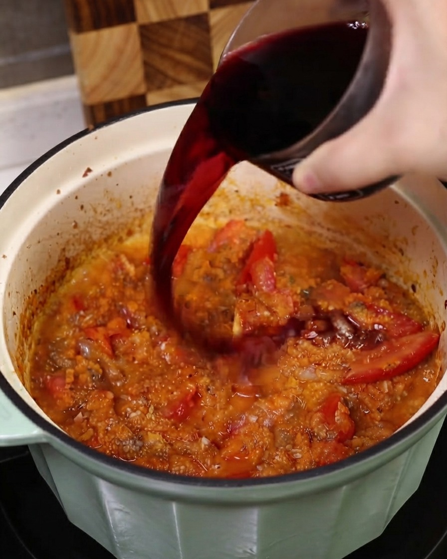 Trockener Rotwein wird aus einem Glasbehälter in einen Topf mit einer lebendigen Tomaten-Gemüse-Mischung gegossen.