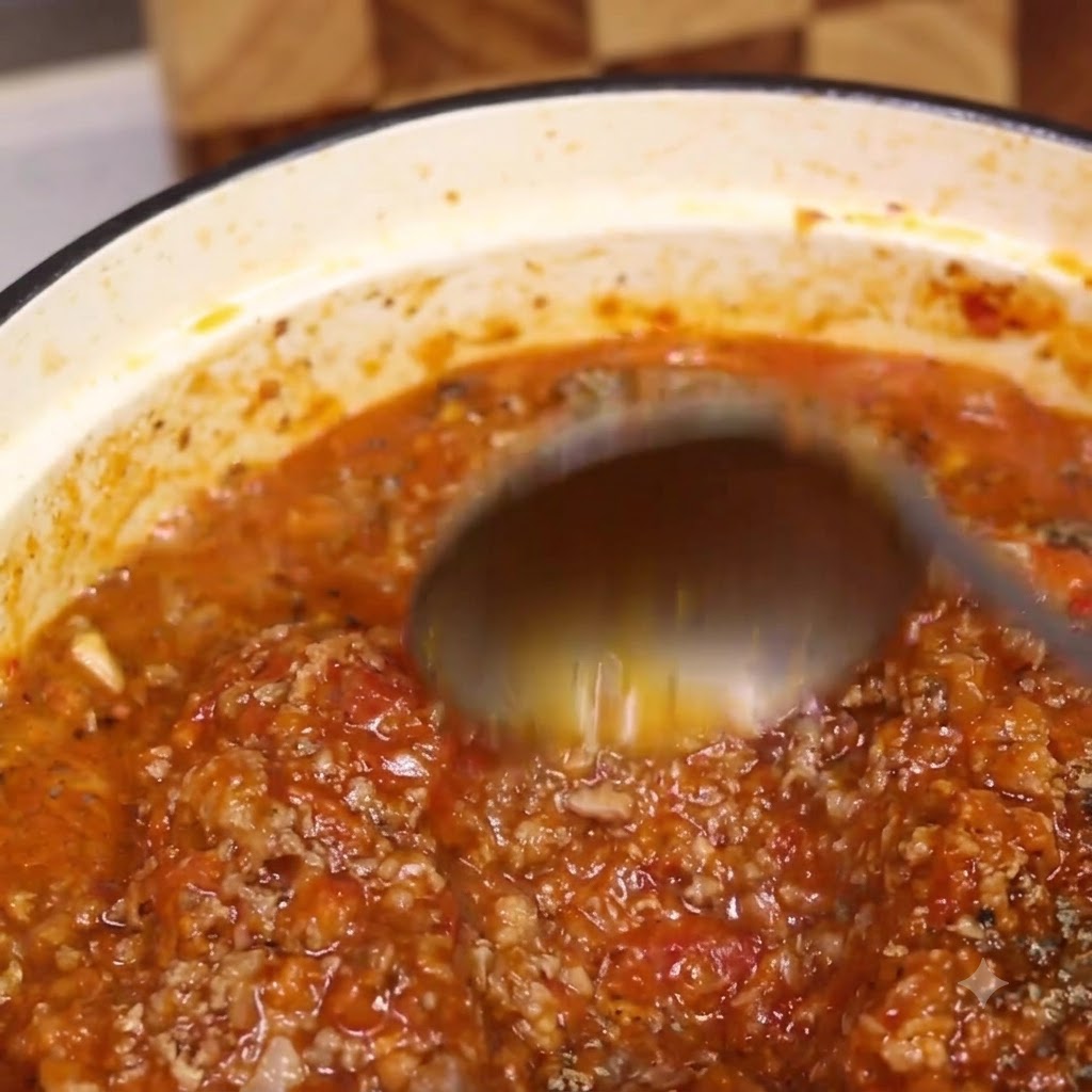 Ein Schöpflöffel rührt eine dicke, reichhaltige Bolognese-Fleischsoße um, die in einem hellen Schmortopf blubbert.