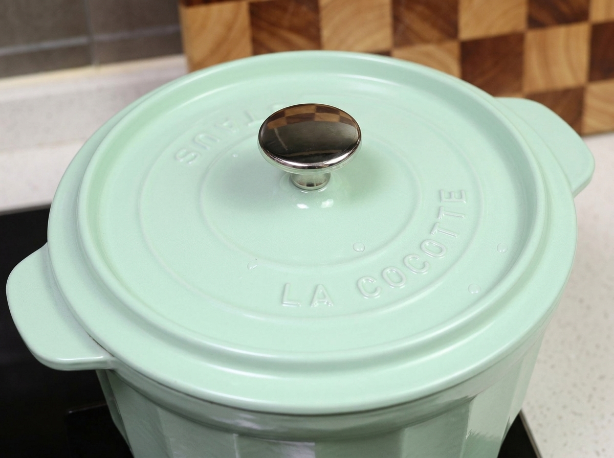 Ein hellgrüner, abgedeckter Schmortopf wird zum Backen in den Ofen gestellt.