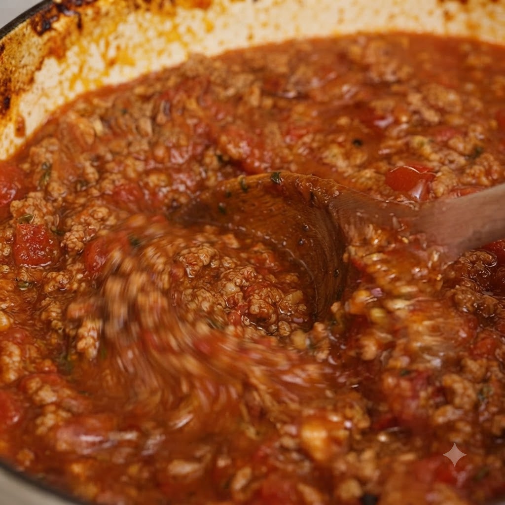 Ein Holzlöffel rührt eine dicke, reichhaltige Bolognese-Soße in einem Backtopf um.