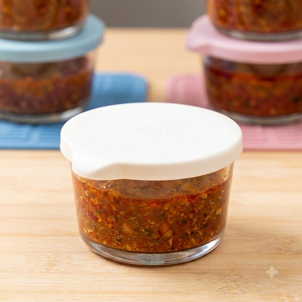 Portionen von Bolognese-Soße in kleinen Glasbehältern mit versiegelten Deckeln, bereit zum Einfrieren.